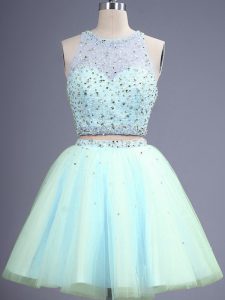 Best Selling Knee Length Zipper Damas Dress Light Blue for Prom and Party and Wedding Party with Beading