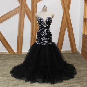 Luxury Black Prom Party Dress Tulle Brush Train Sleeveless Beading