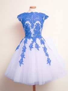 Blue And White Sleeveless Appliques Knee Length Quinceanera Dama Dress