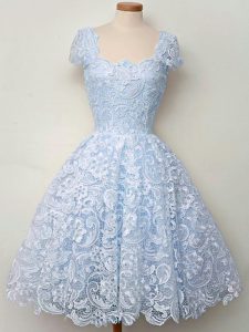 Sweet Light Blue Lace Up Bridesmaid Dresses Lace Cap Sleeves Knee Length