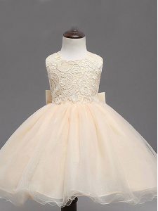 Champagne Sleeveless Knee Length Lace and Bowknot Backless Little Girl Pageant Dress