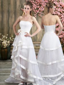 Comfortable Off The Shoulder Sleeveless Tulle Wedding Gowns Ruffled Layers and Belt Sweep Train Backless