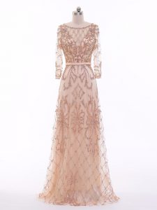 Vintage Long Sleeves Tulle Zipper Juniors Evening Dress in Peach with Beading