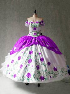White And Purple Ball Gowns Embroidery and Ruffles 15th Birthday Dress Lace Up Organza and Taffeta Cap Sleeves Floor Length