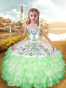 Discount Floor Length Apple Green Little Girls Pageant Gowns Straps Sleeveless Lace Up