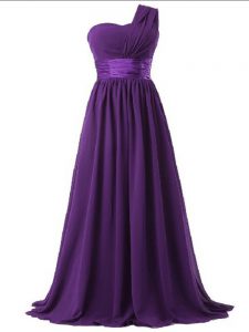 Purple Chiffon Lace Up One Shoulder Sleeveless Floor Length Wedding Party Dress Ruching