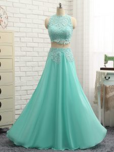 Superior Apple Green Two Pieces Appliques Custom Made Pageant Dress Side Zipper Chiffon Sleeveless Floor Length