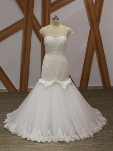 Lovely White Mermaid Tulle Scoop Cap Sleeves Beading and Appliques Lace Up Wedding Dresses Brush Train