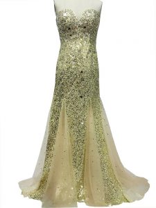 Olive Green Mermaid Tulle Sweetheart Sleeveless Sequins Zipper Evening Gowns Brush Train