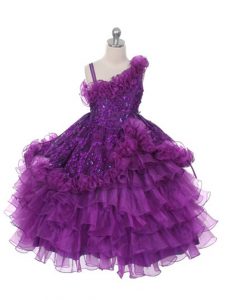 Purple Ball Gowns Organza Asymmetric Sleeveless Lace and Ruffles and Ruffled Layers Floor Length Lace Up Flower Girl Dress