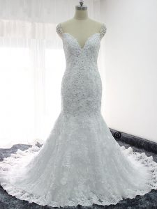Sumptuous Mermaid Bridal Gown White Straps Lace Cap Sleeves Backless