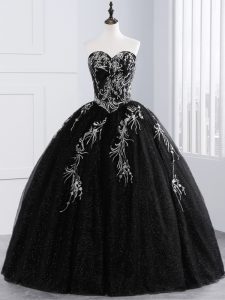 Colorful Black Sleeveless Embroidery Floor Length Quince Ball Gowns