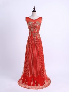 Suitable Red Column/Sheath Tulle Sweetheart Sleeveless Beading Floor Length Zipper Womens Evening Dresses