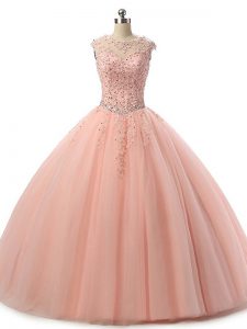 Sleeveless Tulle Floor Length Lace Up Sweet 16 Dress in Peach with Beading and Lace