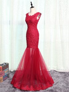 Wonderful Tulle Scoop Sleeveless Zipper Lace and Appliques Mother of Bride Dresses in Red