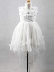 Low Price White A-line Appliques Flower Girl Dress Lace Up Tulle Sleeveless High Low