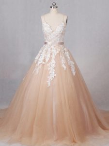Eye-catching Champagne Ball Gowns Spaghetti Straps Sleeveless Tulle Brush Train Zipper Appliques Bridal Gown