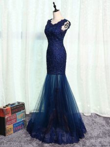 Inexpensive Navy Blue Mermaid Beading and Lace and Appliques Mother Dresses Zipper Tulle Sleeveless Floor Length