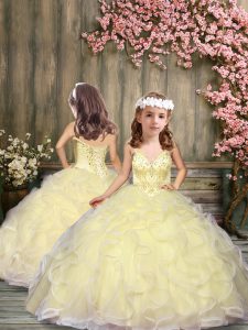Discount Floor Length Light Yellow Casual Dresses Tulle Sleeveless Beading and Ruffles