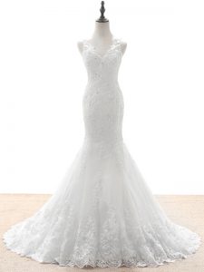 White Zipper V-neck Beading and Lace and Appliques Bridal Gown Tulle Sleeveless Brush Train