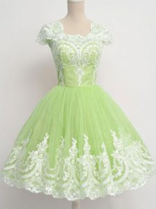 Latest Yellow Green Zipper Square Lace Quinceanera Dama Dress Tulle Cap Sleeves