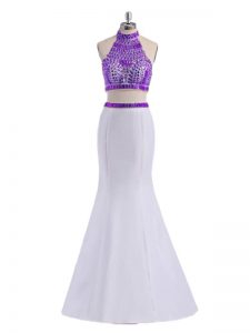 Halter Top Sleeveless Oscars Dresses Floor Length Beading White And Purple Satin