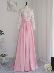 Beading Prom Dresses Baby Pink Zipper Long Sleeves Floor Length