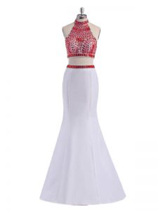 Edgy White Sleeveless Satin Criss Cross Prom Dress for Prom and Party and Military Ball