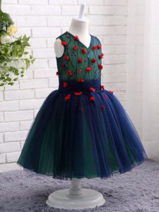 Navy Blue Ball Gowns Tulle V-neck Sleeveless Lace and Appliques Knee Length Zipper Kids Formal Wear