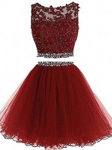 Mini Length Zipper Homecoming Dress Burgundy for Prom and Party and Sweet 16 with Beading and Lace and Appliques