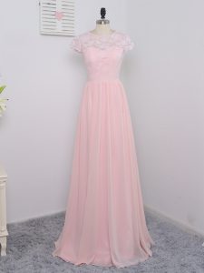 Glittering Short Sleeves Zipper Floor Length Lace Quinceanera Dama Dress