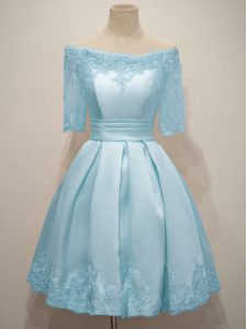 High Quality Light Blue A-line Off The Shoulder Half Sleeves Taffeta Knee Length Lace Up Lace Bridesmaid Dresses