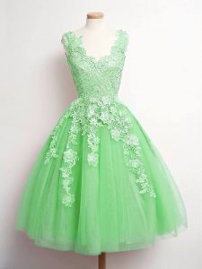Vintage Tulle V-neck Sleeveless Lace Up Lace Bridesmaid Dresses in Green