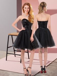 Dynamic Black A-line Sweetheart Sleeveless Tulle Mini Length Zipper Sequins Prom Evening Gown