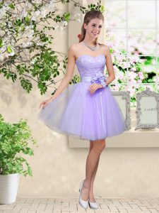Sweetheart Sleeveless Wedding Party Dress Knee Length Lace and Belt Lilac Tulle