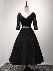 Beautiful Black A-line Lace V-neck Half Sleeves Lace and Belt Ankle Length Lace Up Prom Gown