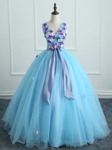 V-neck Sleeveless Lace Up Quinceanera Gowns Light Blue Organza