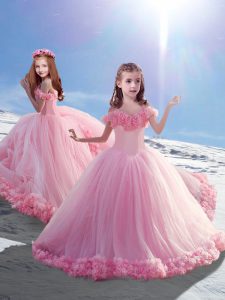 Trendy Baby Pink Sleeveless Hand Made Flower Lace Up Little Girl Pageant Dress