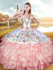 Stylish Organza and Taffeta Sweetheart Sleeveless Lace Up Embroidery and Ruffled Layers Vestidos de Quinceanera in Peach