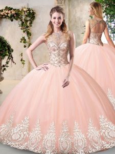 Floor Length Backless Sweet 16 Dress Peach for Prom and Party and Military Ball and Sweet 16 and Quinceanera with Beading and Appliques
