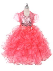 Organza Scoop Sleeveless Lace Up Ruffles and Sequins and Bowknot Custom Made in Coral Red