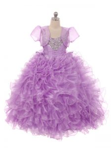 Luxurious Floor Length Lace Up Little Girls Pageant Dress Wholesale Eggplant Purple for Wedding Party with Beading and Ruffles