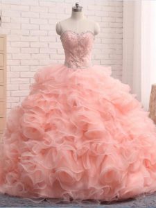 Exceptional Beading and Ruffles Sweet 16 Quinceanera Dress Pink Zipper Sleeveless Floor Length