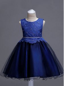 Attractive Navy Blue Scoop Neckline Lace Flower Girl Dress Sleeveless Zipper