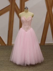 High Quality Sleeveless Tulle Floor Length Lace Up Prom Dresses in Baby Pink with Beading
