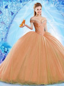 Glittering Organza Off The Shoulder Sleeveless Brush Train Lace Up Beading Quinceanera Gowns in Orange