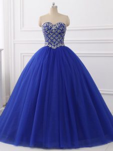 Royal Blue Ball Gowns Beading Quince Ball Gowns Lace Up Tulle Sleeveless Floor Length
