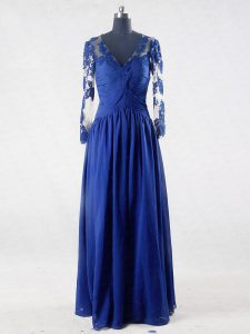 Blue Zipper V-neck Lace and Appliques Mother of Bride Dresses Chiffon Long Sleeves