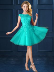 Turquoise Cap Sleeves Tulle Lace Up Quinceanera Dama Dress for Prom and Party