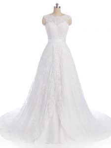 High End Sleeveless Lace Brush Train Clasp Handle Bridal Gown in White with Lace